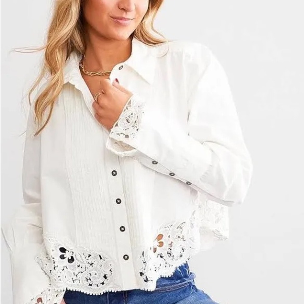 Free People Cream Long Sleeve Crop Blouse